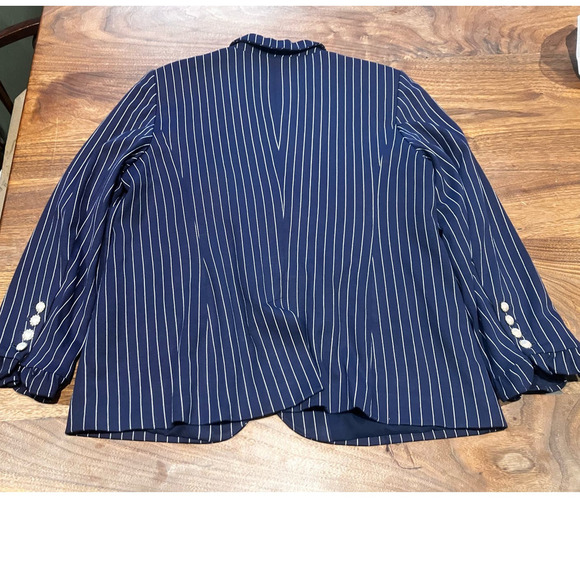 Chico's Sz 2P Petite Striped Navy Blue Blazer Pearl Buttons Jacket Lined - Picture 5 of 12